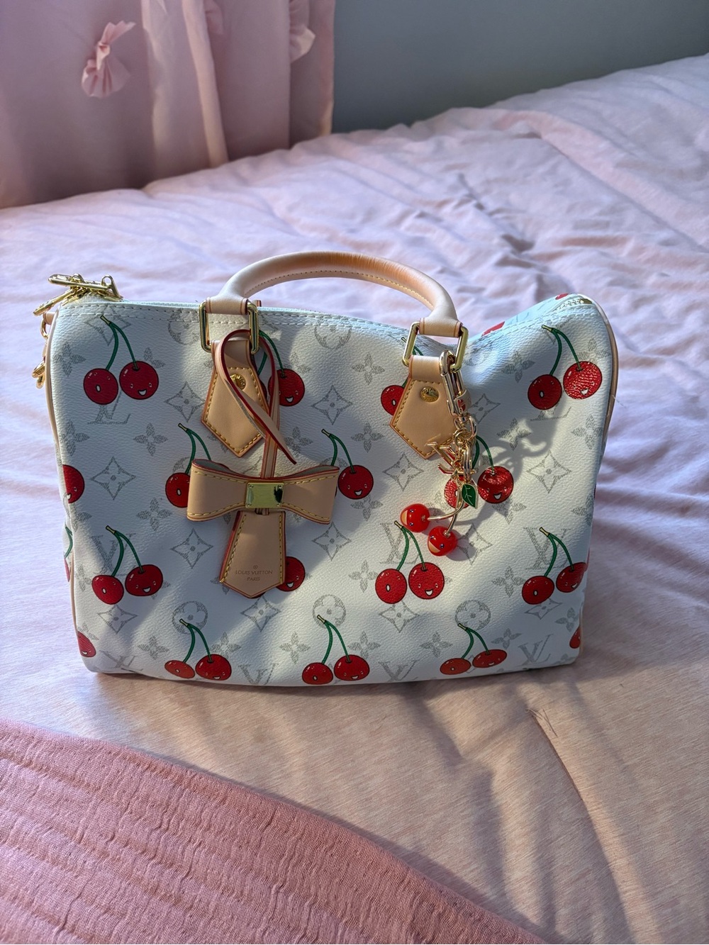 Speedy White Cherry Print Monogram Top-Handle Bag